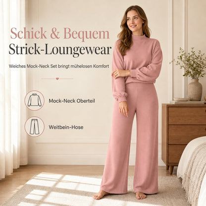 ⏰ Countdown läuft – 50% Rabatt, nur noch 3 Tage! Damen Zweiteiliges Strick-Lounge-Set, Mock-Neck Langarmshirt & hochtaillierte Wide-Leg-Hosen