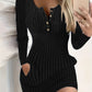 🔥 Nur heute 50 %! Damen Herbst Winter Einfarbig Langarm Schmal Tailliert Bodycon Knopfkleid