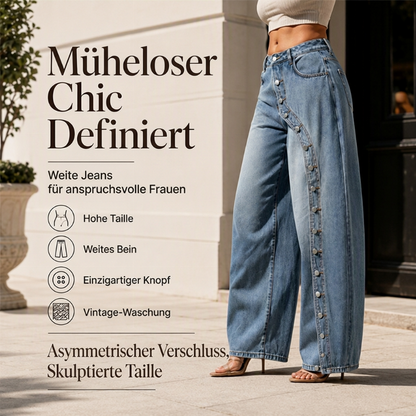 🔥 Beliebtes Produkt ！✨Damen Vintage Weite-Jeans mit seitlichen Knöpfen