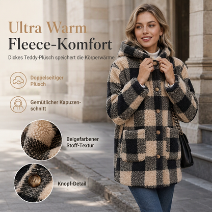 🔥 50% RABATT + GRATIS VERSAND 🚚 Langärmeliger, karierter Damen-Mantel aus Kunstfell mit Kapuze – warm & stylisch