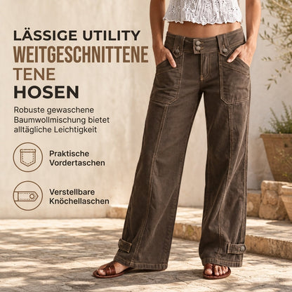 ✨ Begrenzter Vorrat – nicht verpassen! 🔥 Damen Utility-Hose mit weitem Bein aus gewaschener Baumwollmischung mit Kontrastnähten