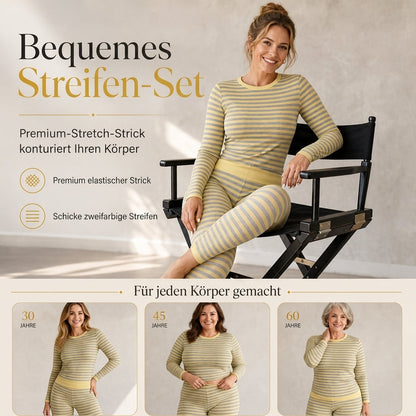 🔥 50% Rabatt – nur heute! 🎉 Damen 2-teiliges Set – Streifen-Color-Block, Rundhals & Langarm, Slim Fit – Oberteil & Hose