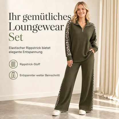 Damen Rippstrick-Set – Pullover mit Viertelreißverschluss & weite Hose mit Leoparden-Akzenten