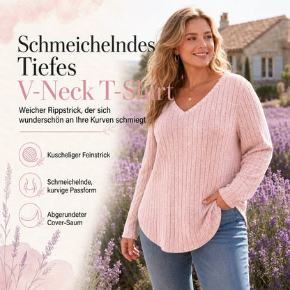 Damen Langarm-T-Shirt in Übergröße – V-Ausschnitt, gerippt & gebürstet, lockere Passform, einfarbig