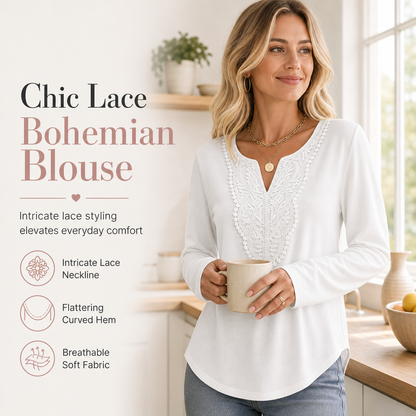 🔥 Beliebtes Produkt ！✨Bohemische Damen-Bluse aus Spitze mit V-Ausschnitt, langen Ärmeln und lockerer Passform