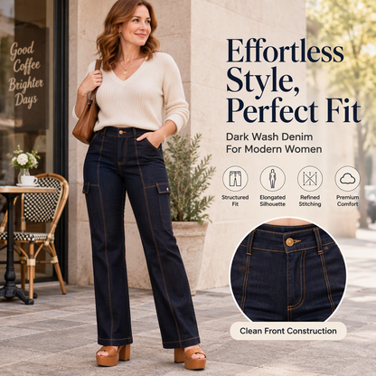 Damen Jeans mit hohem Bund, kontrastfarbiger Ziernaht und weitem Bein