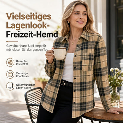 Damen Karo Langarm Knopfleiste Freizeithemd mit Brusttasche