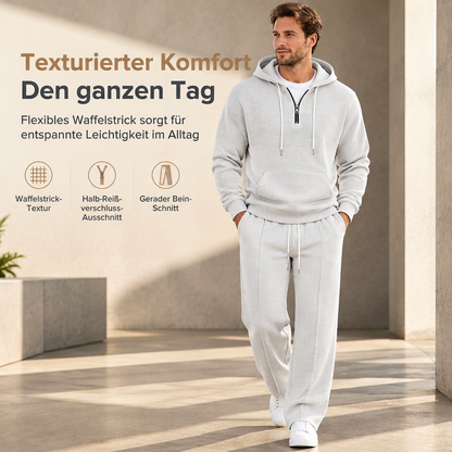 Freizeit 2-Teilig Waffelstrick Trainingsanzug Herren Set, Half Zip Kapuzenpullover Und Gerade Hosen
