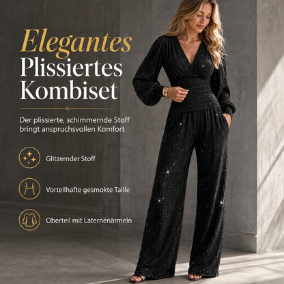 ⚡ Beliebteste Wahl! 50% Rabatt!⚡ Zweiteiliges Damen-Outfit Für Herbst und Winter Tiefer V-Ausschnitt, Ballonärmel, Plissiertes Oberteil und weithosen mit Taschen