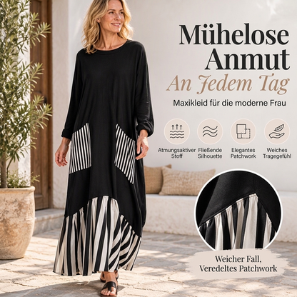 Damen Maxikleid mit Streifen-Patchwork und langen Ärmeln