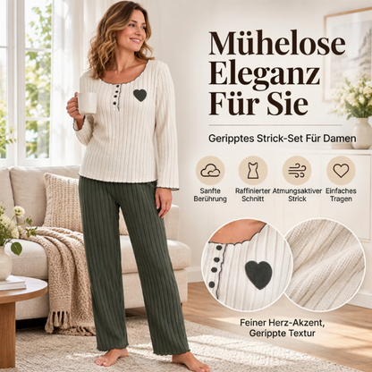 Damen-Pyjama-Set mit Rippstrick und Herzstickerei