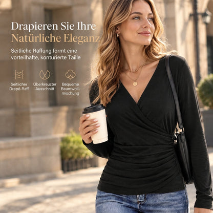 Damen-Top mit V-Ausschnitt – schmal geschnitten, lange Ärmel & taillierte Raffung, ideal für Frühling & Herbst