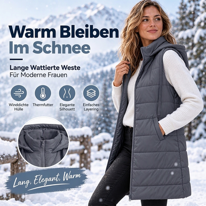 Mittellange, gesteppte Damen-Weste mit Kapuze – warm & bequem