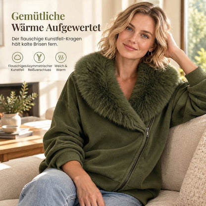 📢Letzter Tag!📢 Entspannter Damenmantel mit Plüschimitatkragen und asymmetrischem Reißverschluss