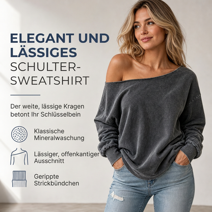 Lockeres Damen-Sweatshirt mit offenen Schultern, Mineralwaschung, übergröß und lässig