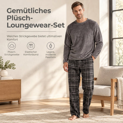 📢Jetzt zuschlagen!📢 Weiches, plüschiges Strick-Loungewear-Pyjama-Set für Herren mit einfarbigem Rundhalsoberteil und Karottenhose