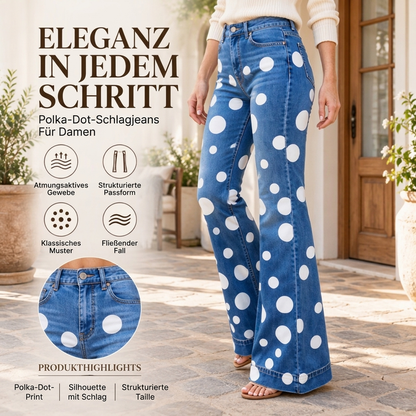Damen High-Waist Jeans mit Polka-Punkt Muster und ausgestellter Form