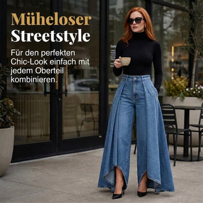 👖 Damen Hochtaillierte Weitbein-Jeans mit High-Low-Saum – moderner Look, figurschmeichelnd & vielseitig kombinierbar