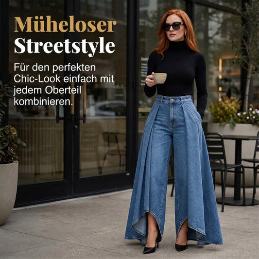 👖 Damen Hochtaillierte Weitbein-Jeans mit High-Low-Saum – moderner Look, figurschmeichelnd & vielseitig kombinierbar