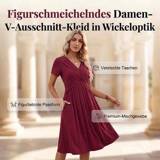 Damen V-Ausschnitt Cross-Front Faltenkleid