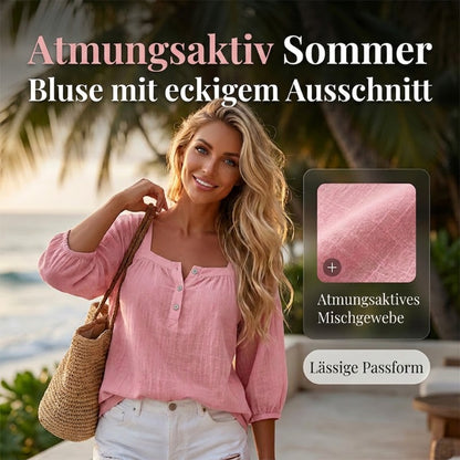 Damen Leinenbluse mit eckigem Ausschnitt und 3/4-Ärmeln